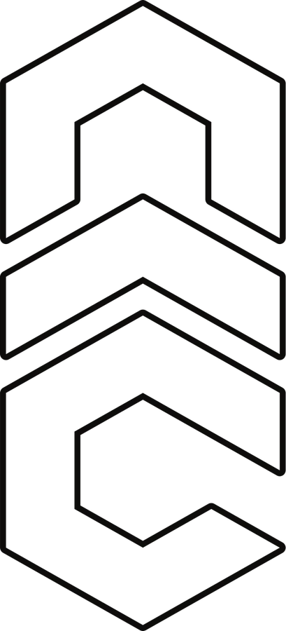 Outline version of the Archovia mark, stacked chevrons on an isometric grid, in black on off-white