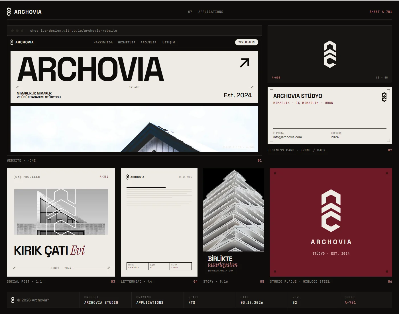 Brand guide sheet A-701: the identity applied to the website, a business card, letterhead, social post, story and an oxblood studio plaque