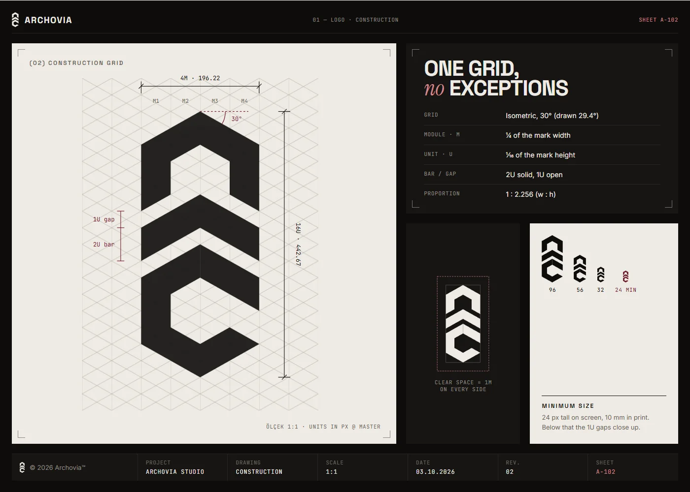 Brand guide sheet A-102: the Archovia mark drawn on an isometric 30° grid with its modules, bar and gap units, clear space and minimum sizes