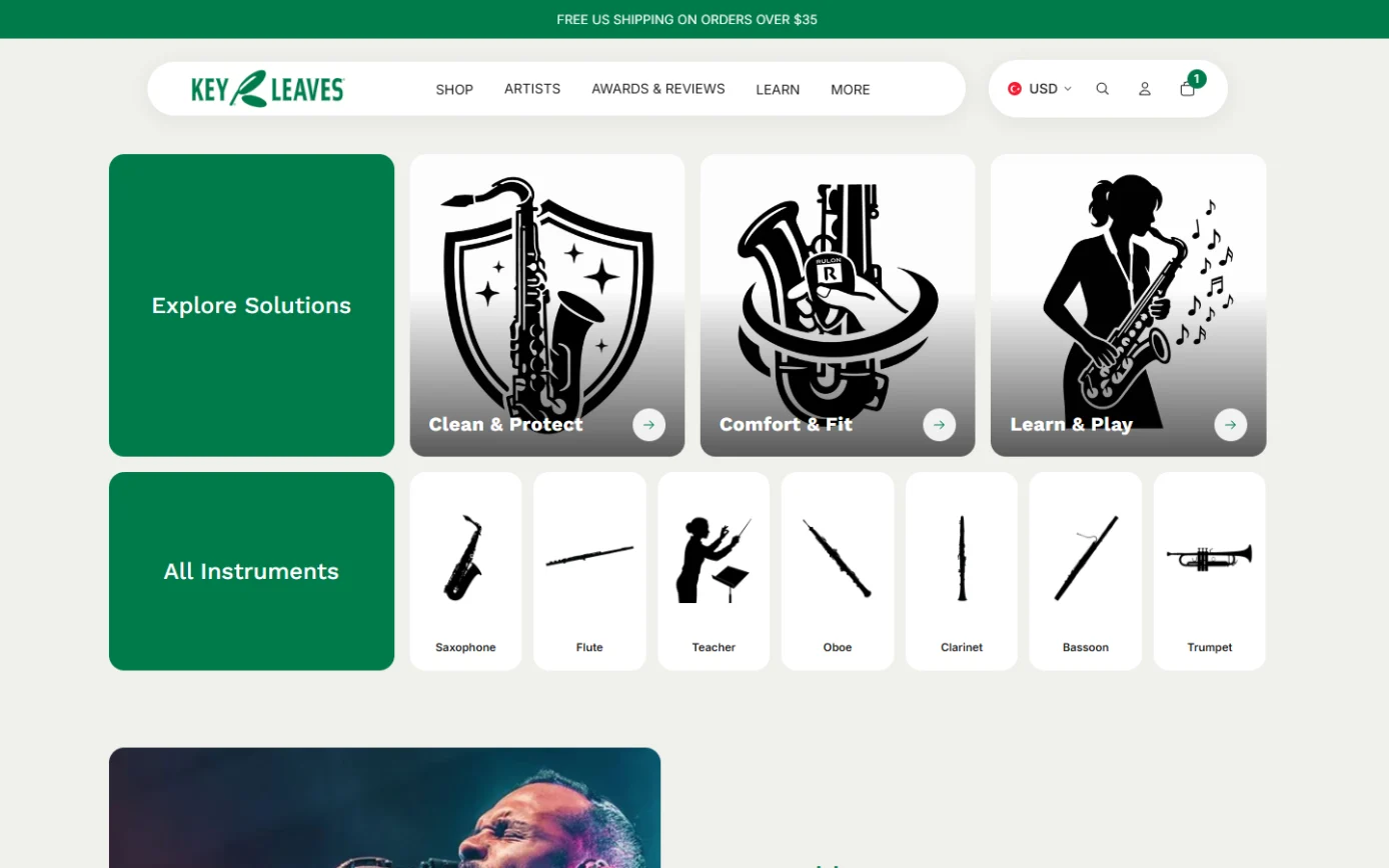 Key Leaves homepage with green "Explore Solutions" and "All Instruments" cards beside illustrated saxophone tiles and a row of instrument icons