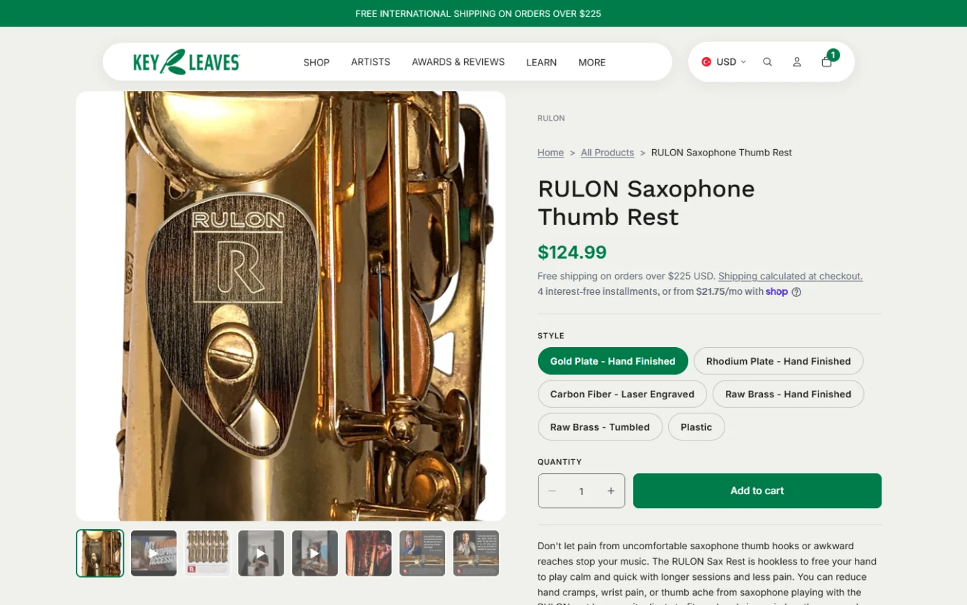 RULON Saxophone Thumb Rest product page with a photo gallery, price, finish options as pill buttons and an add-to-cart button