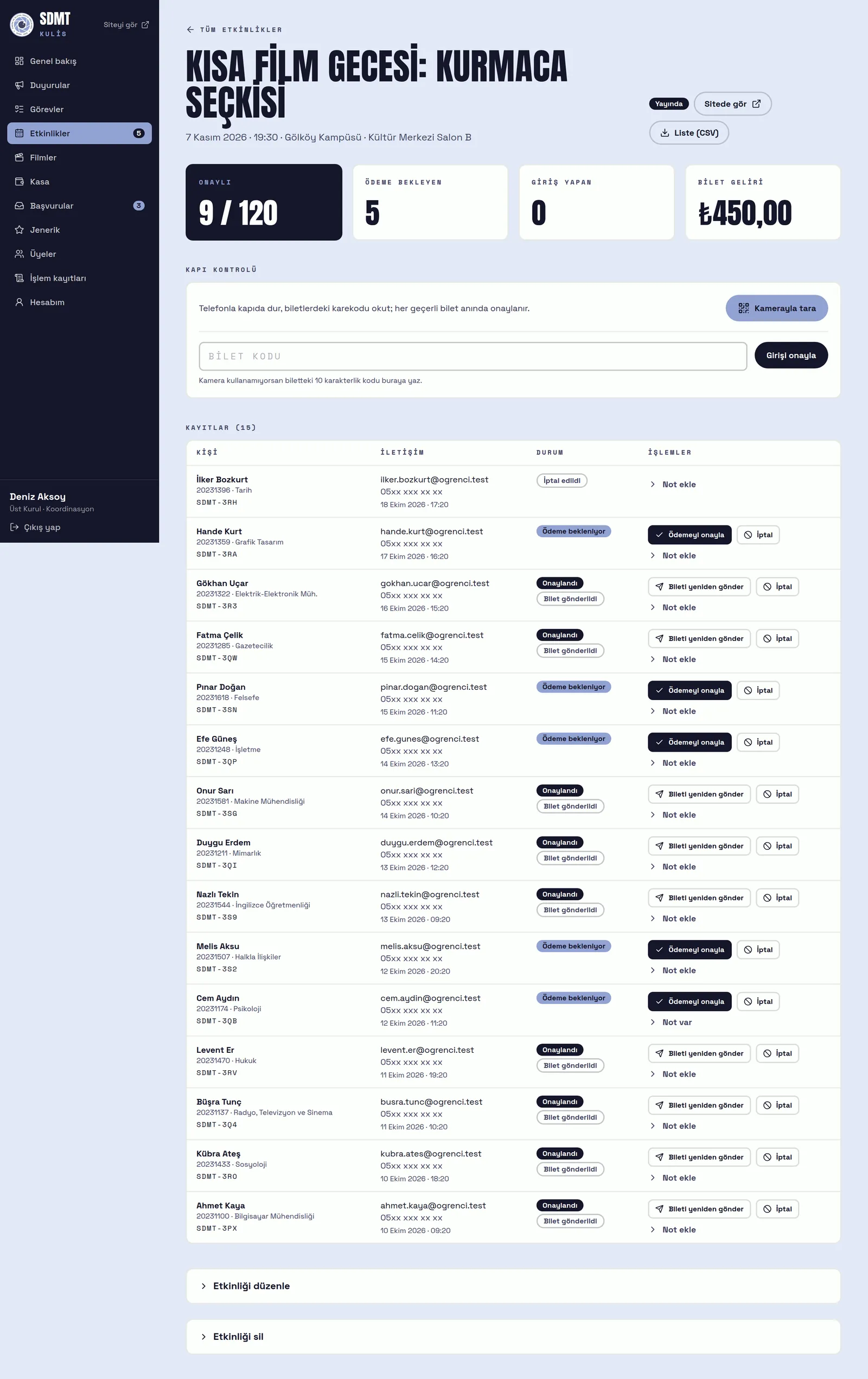 An event in the panel: confirmed seats against capacity, payments waiting, check-ins and ticket revenue, a door check-in box and the registration list