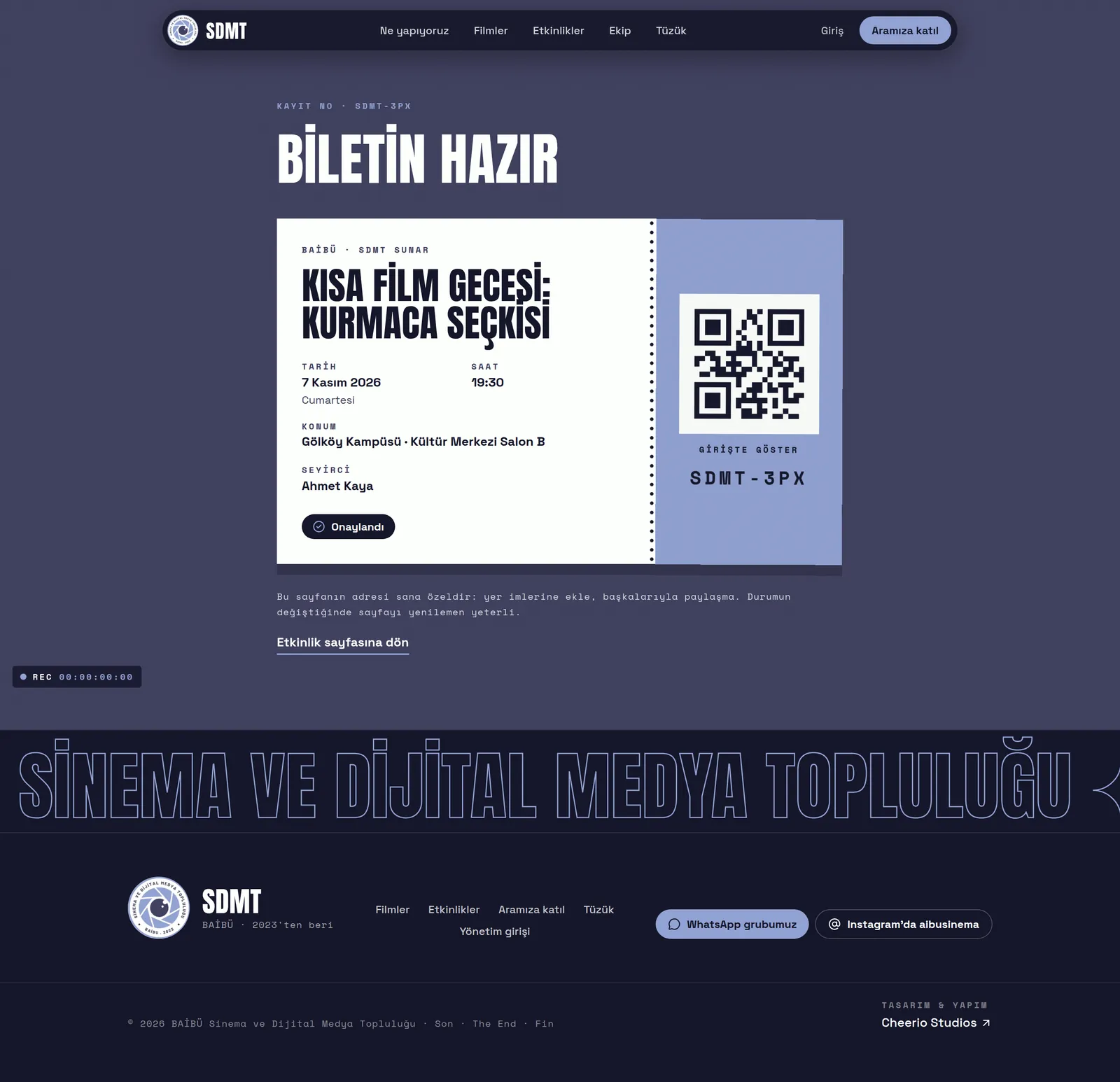 A private ticket page showing the event, the attendee and a QR code